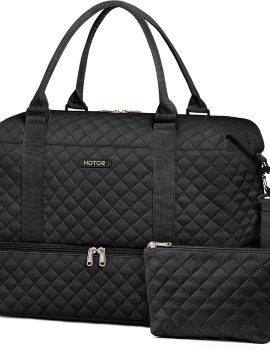 Travel Duffel Bag – Weekender Bags for Women, Carry On Bag with Shoe Compartment, Overnight Bag with Toiletry Bag for Travel Essentials and Travel Accessories, Black, 13.4″×17.3″×7.9″