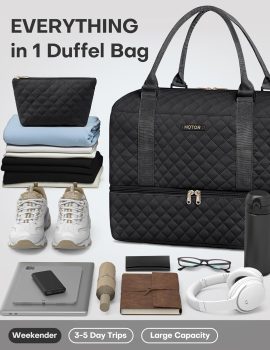 Travel Duffel Bag – Weekender Bags for Women, Carry On Bag with Shoe Compartment, Overnight Bag with Toiletry Bag for Travel Essentials and Travel Accessories, Black, 13.4″×17.3″×7.9″