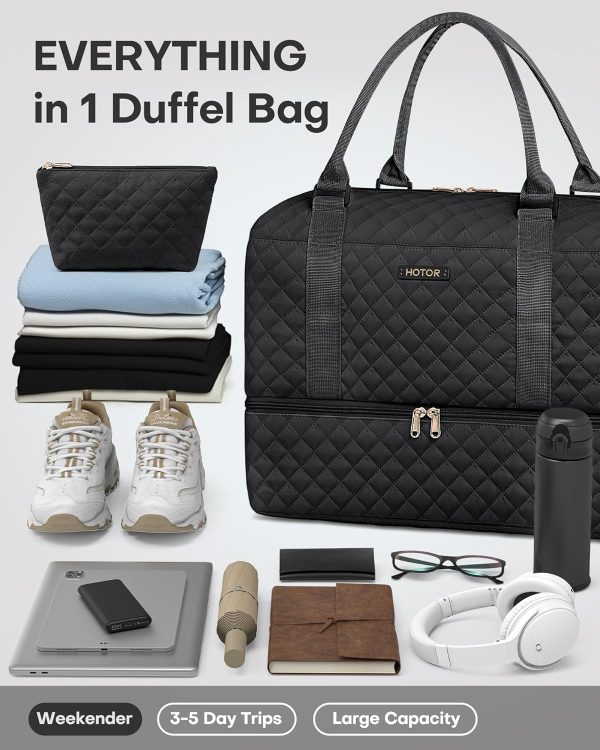 Travel Duffel Bag - Weekender Bags for Women, Carry On Bag with Shoe Compartment, Overnight Bag with Toiletry Bag for Travel Essentials and Travel Accessories, Black, 13.4"×17.3"×7.9" - Image 2